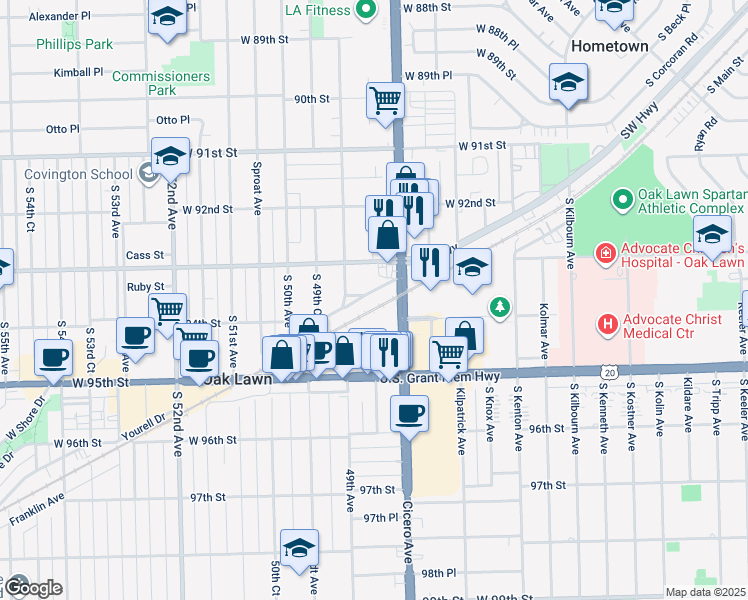 map of restaurants, bars, coffee shops, grocery stores, and more near 4831 Columbus Drive in Oak Lawn