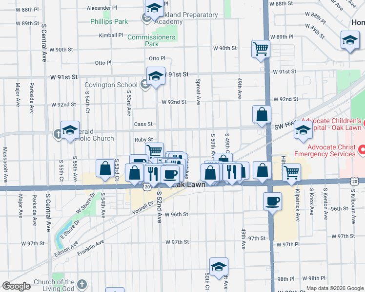 map of restaurants, bars, coffee shops, grocery stores, and more near 9330 South 51st Avenue in Oak Lawn