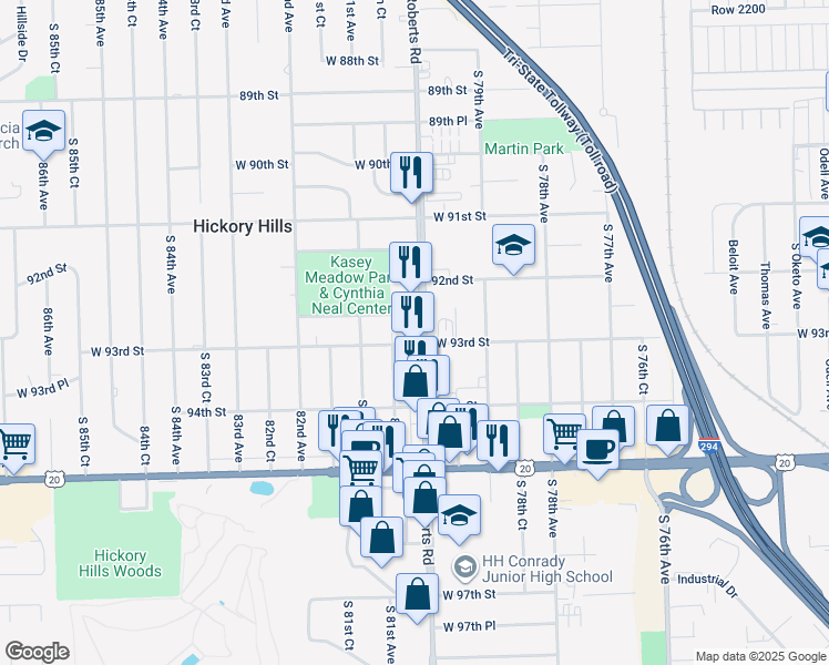 map of restaurants, bars, coffee shops, grocery stores, and more near 8016 West 93rd Street in Hickory Hills