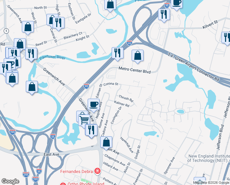 map of restaurants, bars, coffee shops, grocery stores, and more near 35 Larkspur Road in Warwick