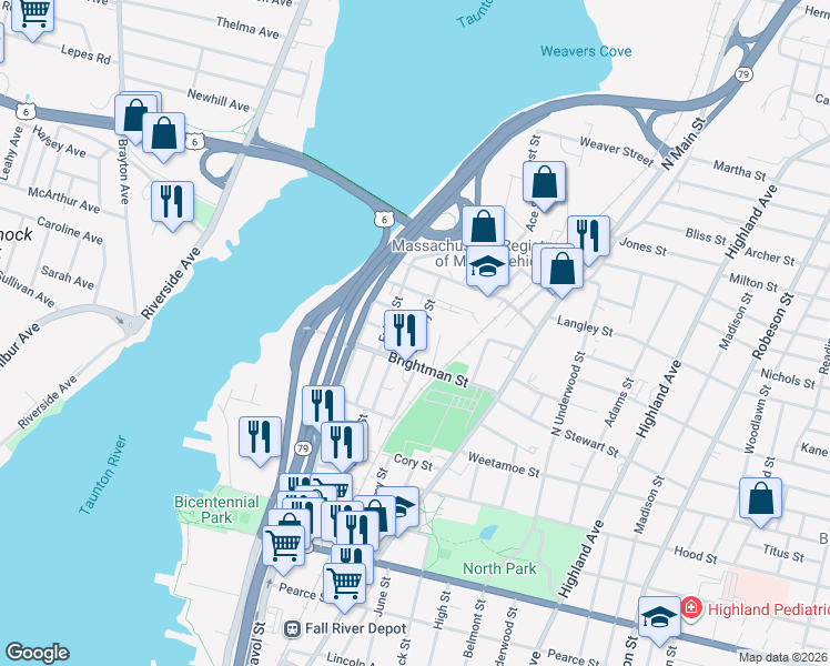 map of restaurants, bars, coffee shops, grocery stores, and more near 56 Saint Mary Street in Fall River