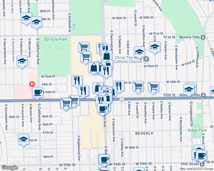 map of restaurants, bars, coffee shops, grocery stores, and more near 9435 South Western Avenue in Chicago