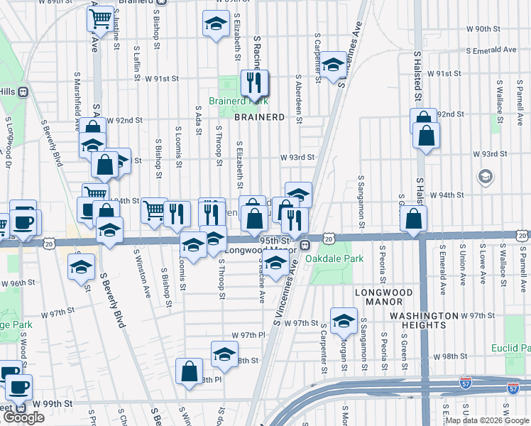 map of restaurants, bars, coffee shops, grocery stores, and more near 9419 South Racine Avenue in Chicago