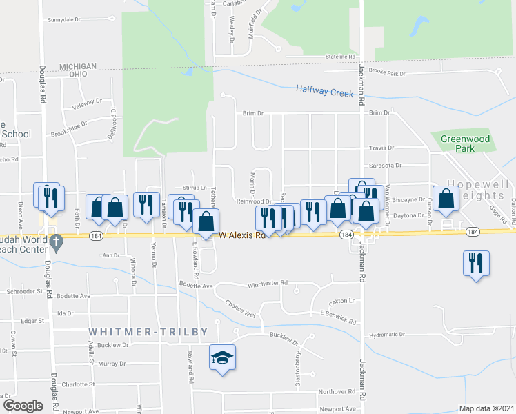 map of restaurants, bars, coffee shops, grocery stores, and more near 1973 Reinwood Drive in Toledo