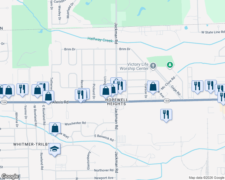 map of restaurants, bars, coffee shops, grocery stores, and more near 5847 Jackman Road in Toledo