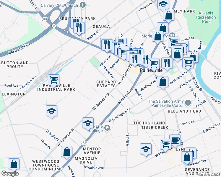 map of restaurants, bars, coffee shops, grocery stores, and more near 200 West Jackson Street in Painesville