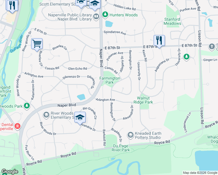 map of restaurants, bars, coffee shops, grocery stores, and more near 2401 Remington Drive in Naperville