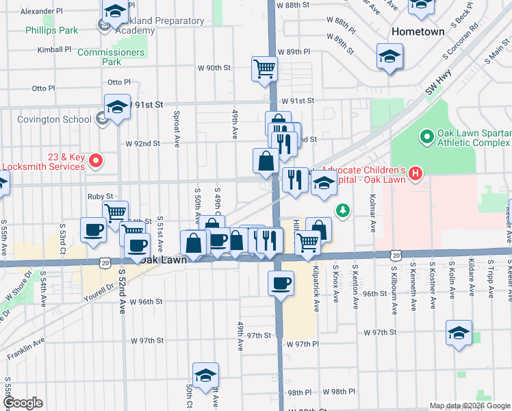 map of restaurants, bars, coffee shops, grocery stores, and more near 4821 Columbus Drive in Oak Lawn