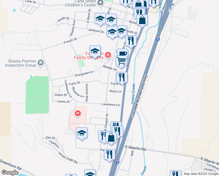 map of restaurants, bars, coffee shops, grocery stores, and more near 1018 South Oregon Street in Yreka