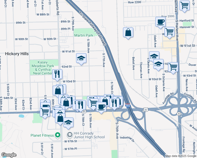 map of restaurants, bars, coffee shops, grocery stores, and more near 7720 West 93rd Street in Hickory Hills