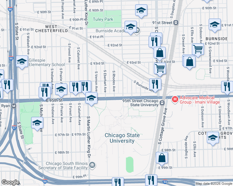 map of restaurants, bars, coffee shops, grocery stores, and more near 9441 South Rhodes Avenue in Chicago