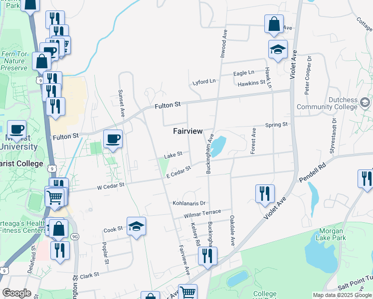 map of restaurants, bars, coffee shops, grocery stores, and more near 51 Lake Street in Poughkeepsie