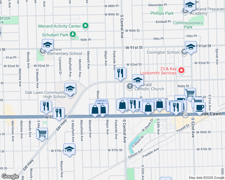 map of restaurants, bars, coffee shops, grocery stores, and more near 9320 Parkside Avenue in Oak Lawn