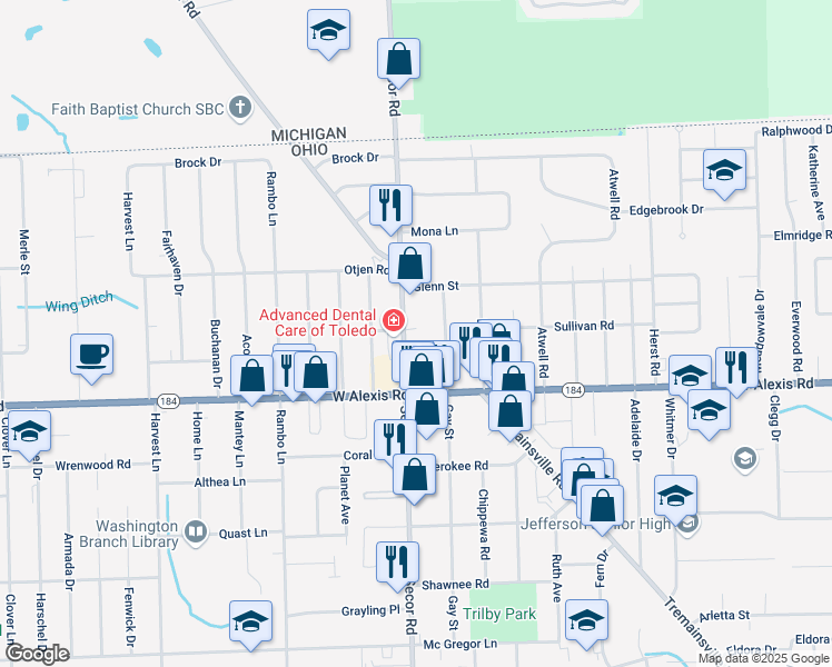 map of restaurants, bars, coffee shops, grocery stores, and more near 5860 Secor Road in Toledo