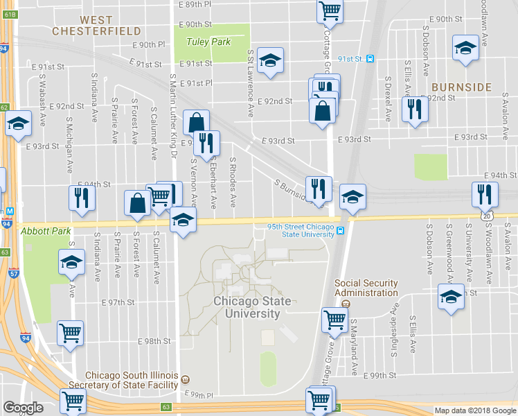 map of restaurants, bars, coffee shops, grocery stores, and more near 9443 South Saint Lawrence Avenue in Chicago