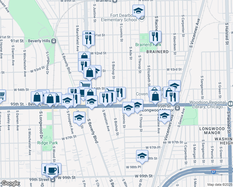 map of restaurants, bars, coffee shops, grocery stores, and more near 9417 South Bishop Street in Chicago
