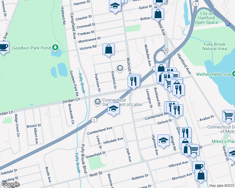 map of restaurants, bars, coffee shops, grocery stores, and more near 223 Jordan Lane in Wethersfield
