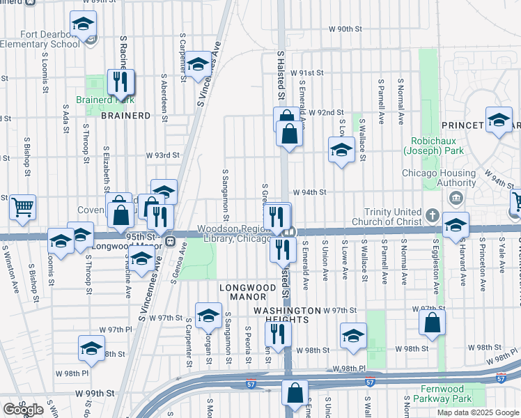 map of restaurants, bars, coffee shops, grocery stores, and more near 9414 South Green Street in Chicago