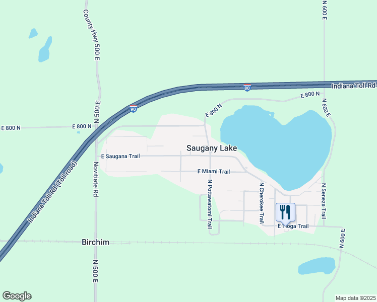 map of restaurants, bars, coffee shops, grocery stores, and more near 5383 East Saugana Trail in Rolling Prairie