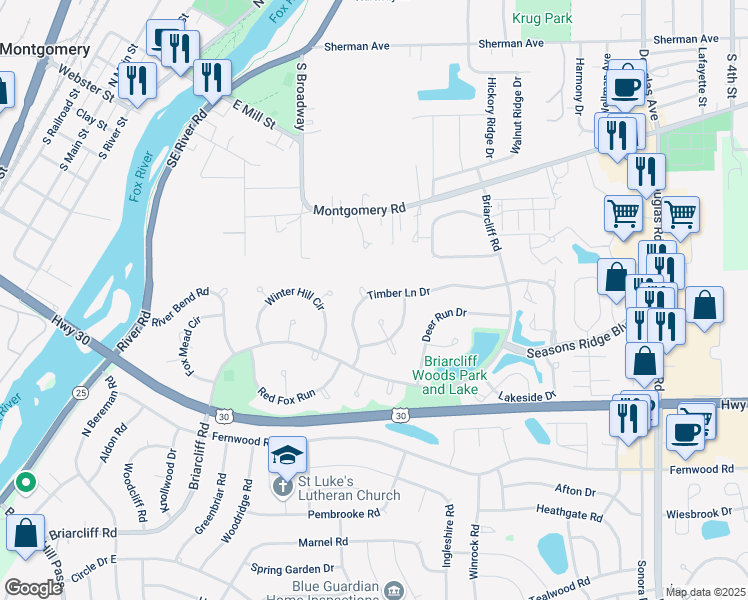 map of restaurants, bars, coffee shops, grocery stores, and more near 1680 Timber Lane Drive in Montgomery