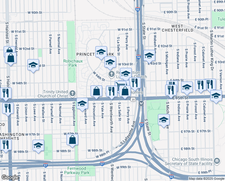 map of restaurants, bars, coffee shops, grocery stores, and more near 9433 South Wentworth Avenue in Chicago