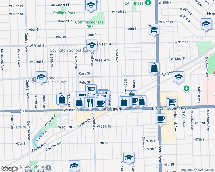 map of restaurants, bars, coffee shops, grocery stores, and more near 9330 South 51st Avenue in Oak Lawn