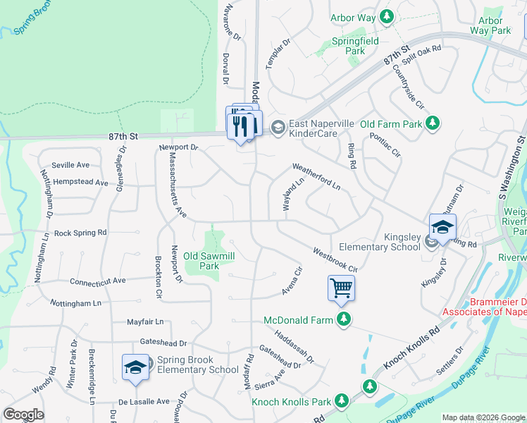 map of restaurants, bars, coffee shops, grocery stores, and more near 2329 Weatherford Lane in Naperville