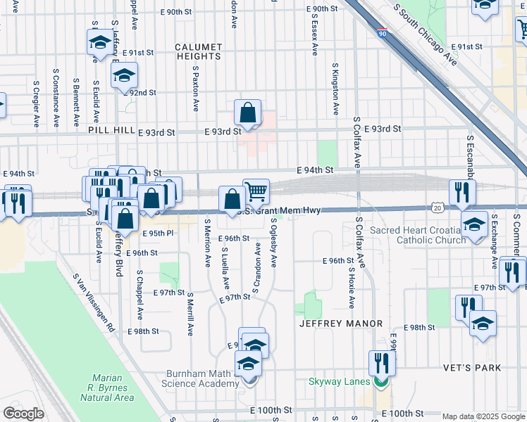 map of restaurants, bars, coffee shops, grocery stores, and more near East 95th Street in Chicago