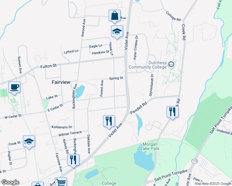 map of restaurants, bars, coffee shops, grocery stores, and more near 107 East Cedar Street in Poughkeepsie