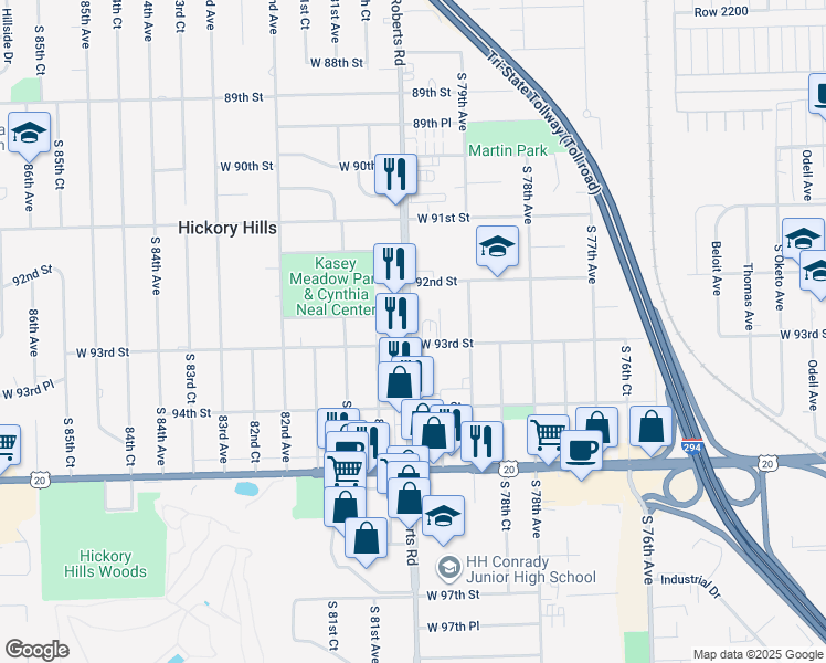 map of restaurants, bars, coffee shops, grocery stores, and more near 9243 South Roberts Road in Hickory Hills