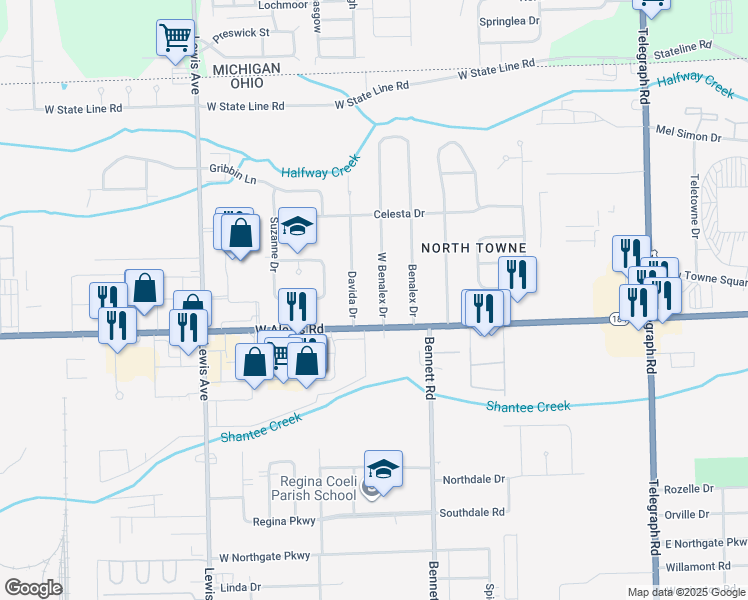 map of restaurants, bars, coffee shops, grocery stores, and more near 5833 West Benalex Drive in Toledo