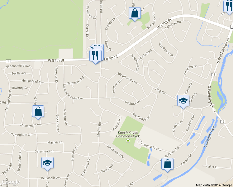 map of restaurants, bars, coffee shops, grocery stores, and more near 2322 Wayland Lane in Naperville