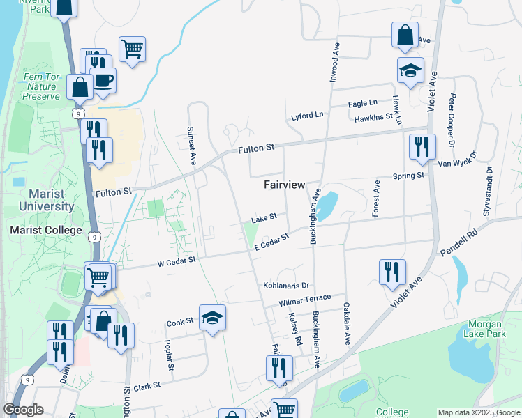 map of restaurants, bars, coffee shops, grocery stores, and more near 43A Lake Street in Poughkeepsie