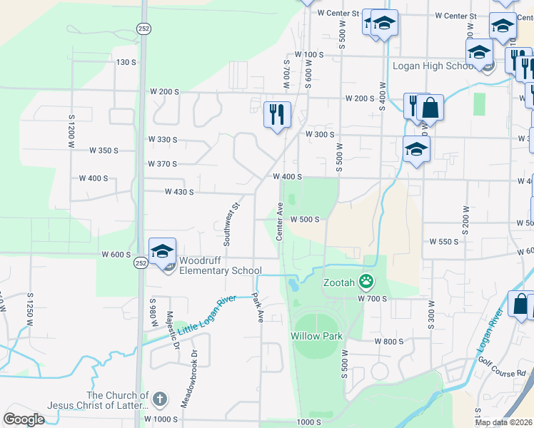 map of restaurants, bars, coffee shops, grocery stores, and more near 496 Park Avenue in Logan