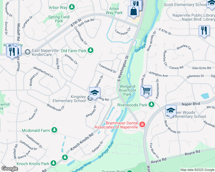 map of restaurants, bars, coffee shops, grocery stores, and more near 2341 Kingsley Court in Naperville