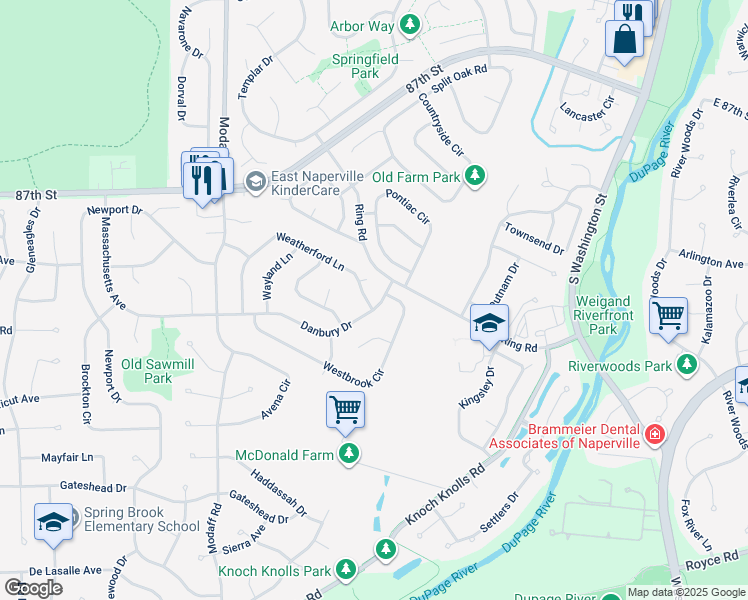 map of restaurants, bars, coffee shops, grocery stores, and more near 291 Danbury Drive in Naperville