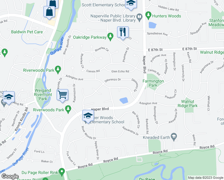 map of restaurants, bars, coffee shops, grocery stores, and more near 500 Alexandria Drive in Naperville