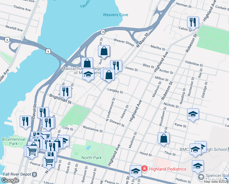 map of restaurants, bars, coffee shops, grocery stores, and more near 43 Langley Street in Fall River