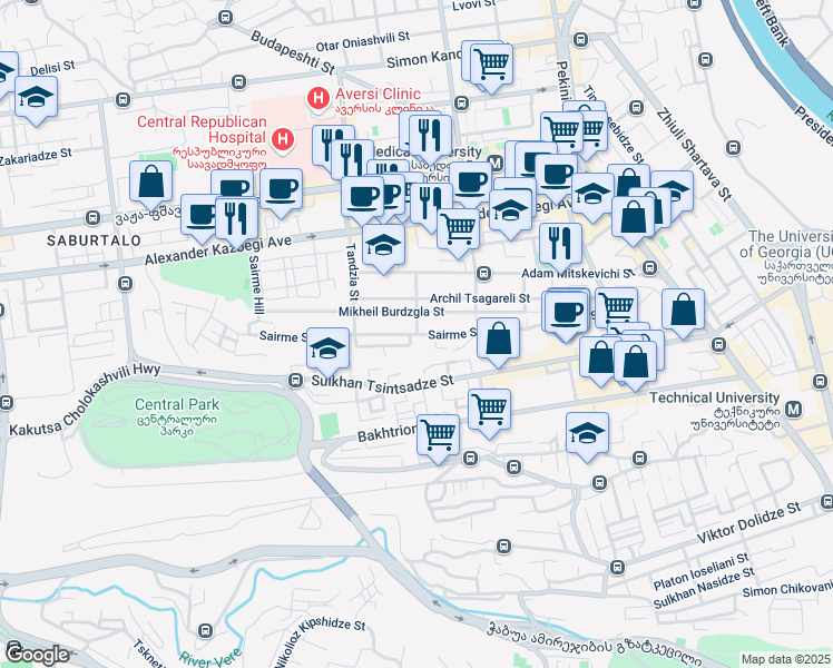 map of restaurants, bars, coffee shops, grocery stores, and more near Sairme Street in Tbilisi