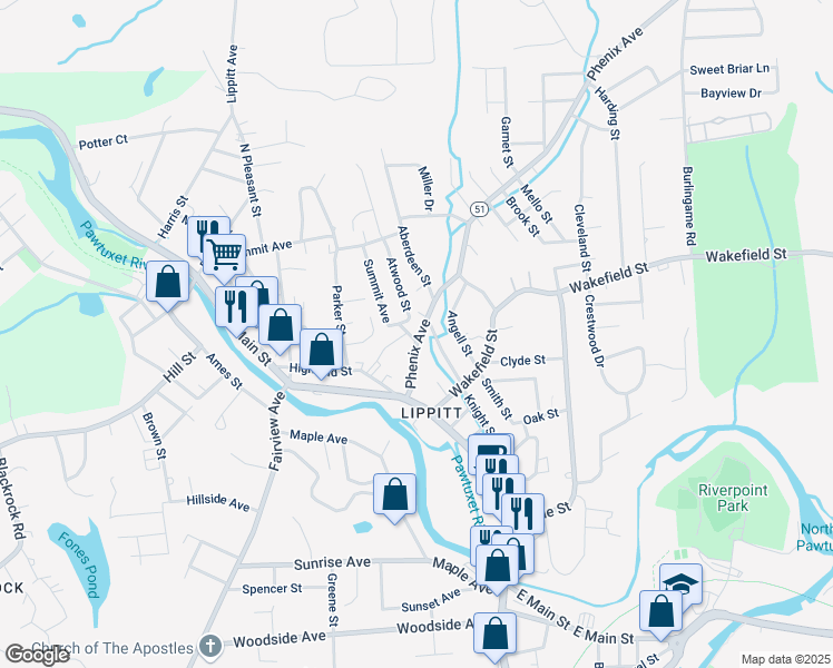 map of restaurants, bars, coffee shops, grocery stores, and more near 44 Phenix Avenue in West Warwick