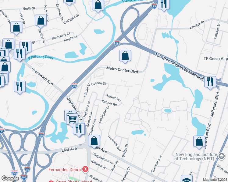 map of restaurants, bars, coffee shops, grocery stores, and more near 23 Sunny View Court in Warwick