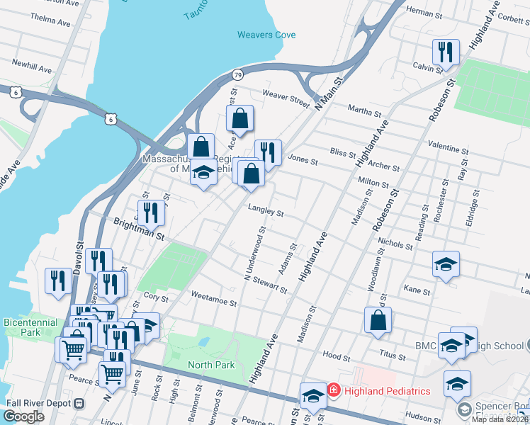 map of restaurants, bars, coffee shops, grocery stores, and more near 43 Langley Street in Fall River