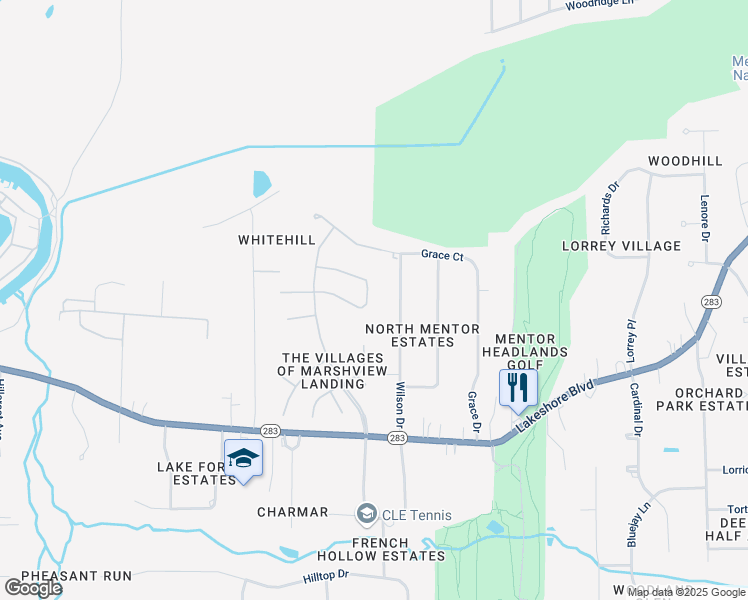 map of restaurants, bars, coffee shops, grocery stores, and more near 8715 Blue Heron Way in Mentor