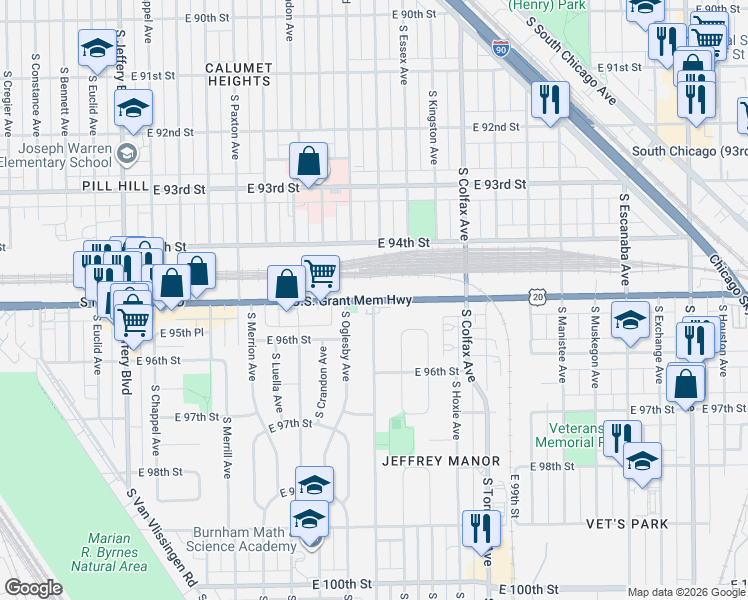 map of restaurants, bars, coffee shops, grocery stores, and more near 2400 East 95th Street in Chicago