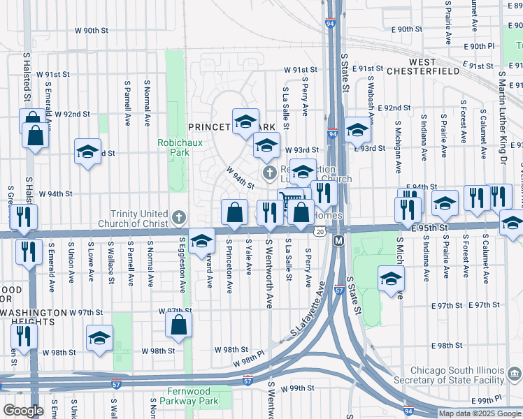 map of restaurants, bars, coffee shops, grocery stores, and more near 9433 South Wentworth Avenue in Chicago
