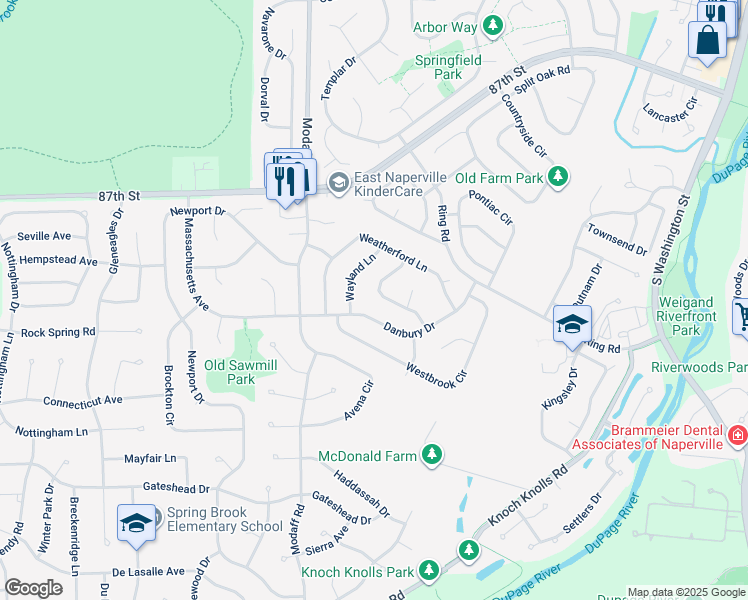 map of restaurants, bars, coffee shops, grocery stores, and more near 2322 Wayland Lane in Naperville