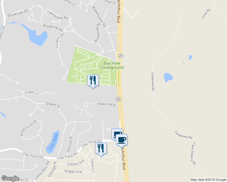 map of restaurants, bars, coffee shops, grocery stores, and more near 280 Mac Arthur Boulevard in Bourne