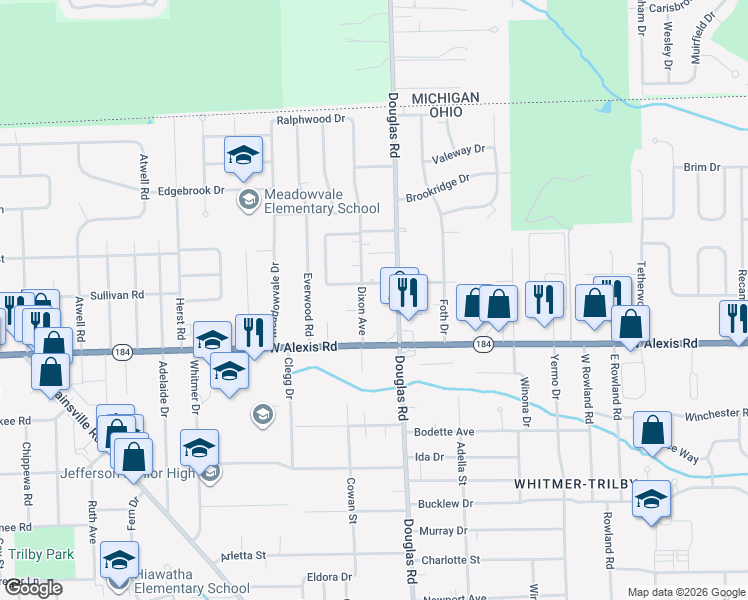 map of restaurants, bars, coffee shops, grocery stores, and more near 5849 Dixon Avenue in Toledo