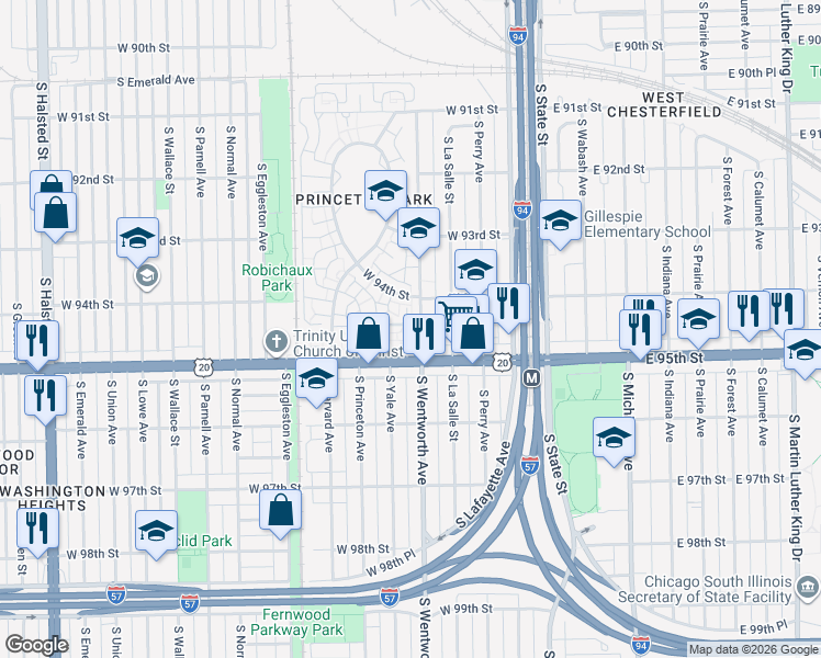 map of restaurants, bars, coffee shops, grocery stores, and more near 9433 South Wentworth Avenue in Chicago