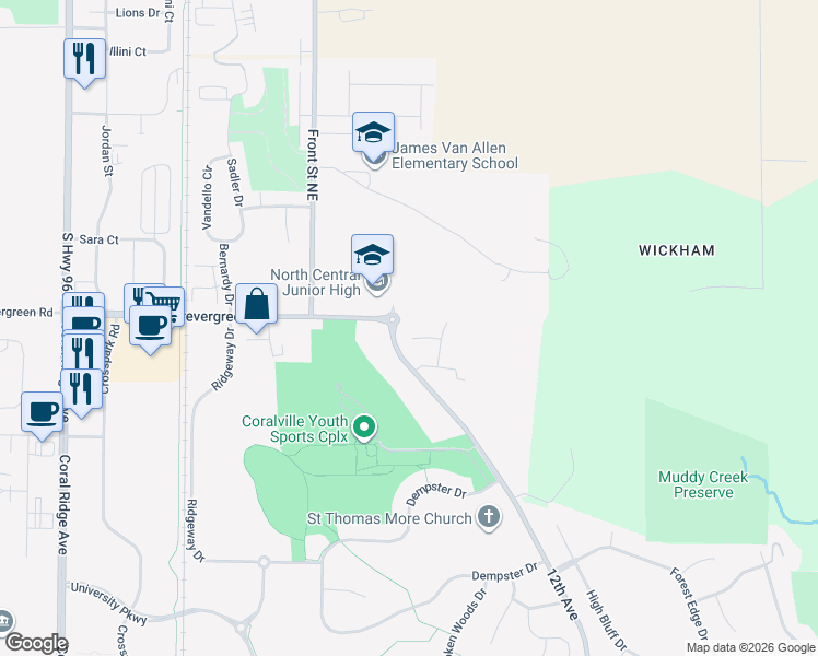 map of restaurants, bars, coffee shops, grocery stores, and more near 12 Kelsey Court in Coralville